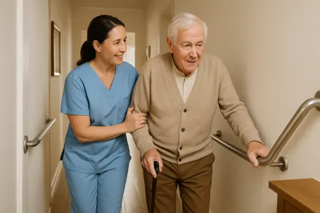 Caregiver supporting a senior as they move safely through the home with grab bars