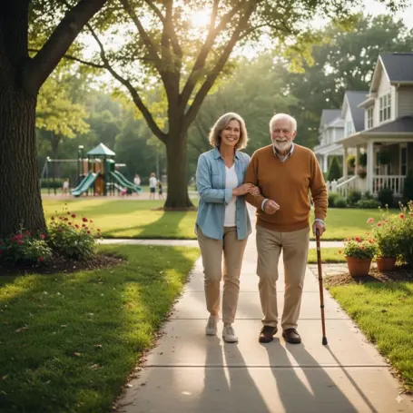 Family caregiver helping senior loved one during a walk near their home in Longview, TX