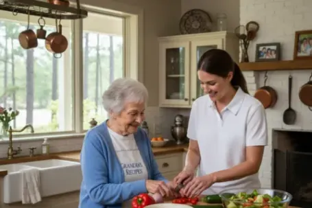 Comfort Keepers caregiver helping senior prepare a meal at home in Southern Pines NC