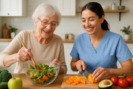 Caregiver preparing a healthy meal with senior