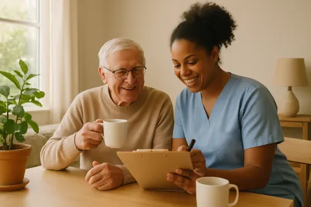 Caregiver helping senior enjoy a peaceful morning routine at home in Twin Cities.