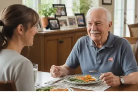 Elderly veteran sharing a healthy meal with Comfort Keepers caregiver