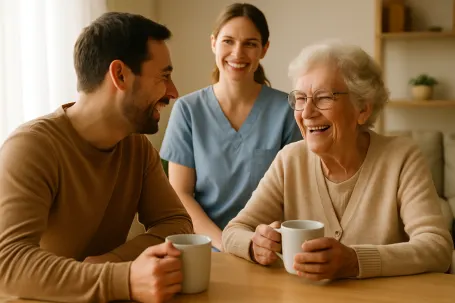 A warm, inviting photo of an adult daughter or son sharing coffee and laughter with their elderly parent, while a professional caregiver smiles in the background. Natural light, cozy home.