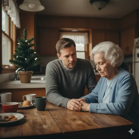 Adult child sitting at a kitchen table talking to an aging parent with concern.