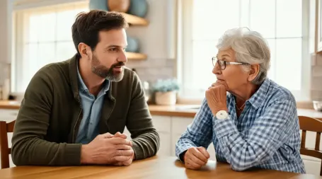 Adult child discussing home care with elderly parent in Durango CO