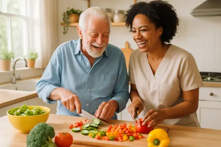 A bright, cozy kitchen with a senior and caregiver preparing a colorful meal together — cutting vegetables, laughing, and sharing the moment.