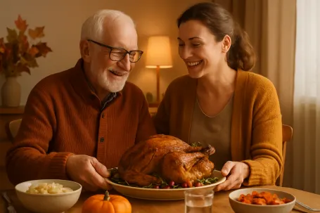 A cozy dining table with a senior and a caregiver sharing a warm moment or preparing a simple Thanksgiving meal together  soft lighting autumn colors