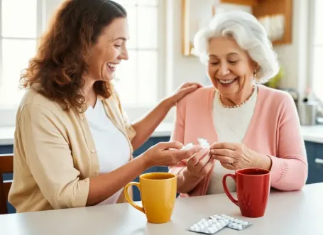 In-home caregiver helping senior woman with medication in Durango