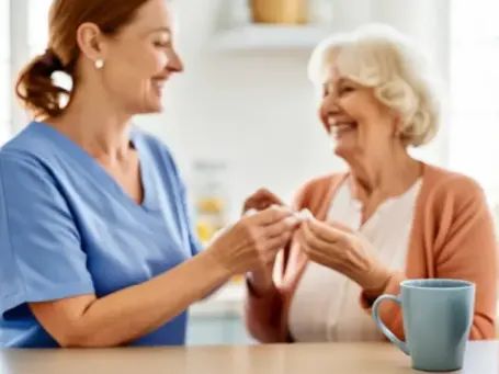 Caregiver enjoying conversation with senior woman during in-home visit in Valencia County