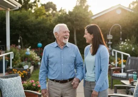 A smiling senior man receiving in-home care support from a compassionate Comfort Keepers caregiver in Sanford, NC walking outside with caregiver