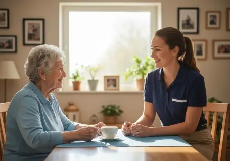 Elderly woman and caregiver sharing tea and conversation in a sunny Los Lunas kitchen