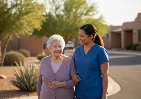 Senior woman walking with caregiver in Los Lunas neighborhood