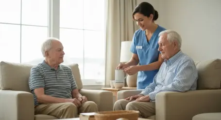 Veteran and visiting friend receiving in-home care assistance in Southern Pines, North Carolina