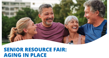 Text showing an older couple and a younger couple and the caption Senior Resource Fair Aging in Place