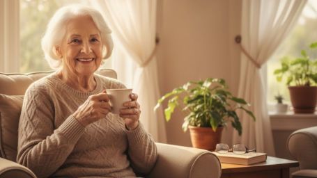 An elderly woman in Franklin VA smiling while drinking tea in a sunlit living room