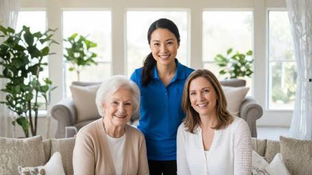 a caregiver, senior, and the daughter of the senior smiling