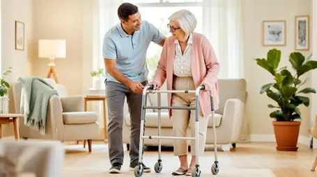 Caregiver helping senior walk safely at home in Valencia County