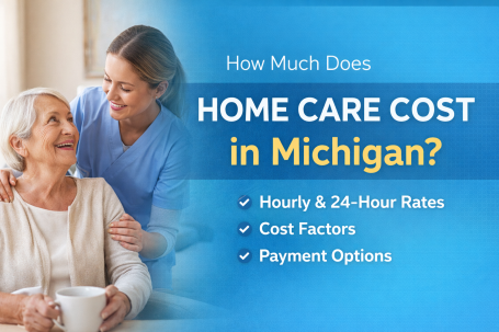 In-home caregiver assisting senior woman at home, representing home care services and costs in Michigan