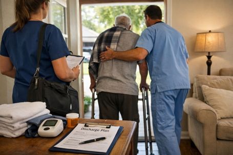 Hospital discharge to home with caregivers assisting an elderly man using a walker, highlighting professional home care services in Fleming Island, FL and a safe recovery plan for families