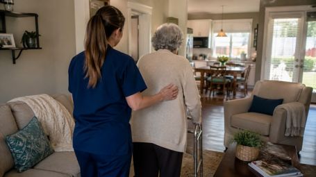 Respite caregiver assisting senior with walker in a bright home setting, illustrating compassionate home care services in Jacksonville, FL for elderly support and family relief