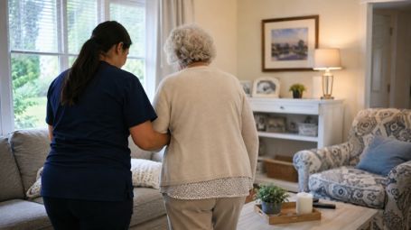 Caregiver assisting elderly woman walking safely indoors, home care services Neptune Beach, FL