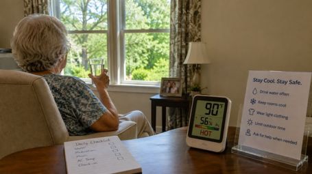 Senior staying hydrated indoors during Jacksonville summer heat with home safety reminders