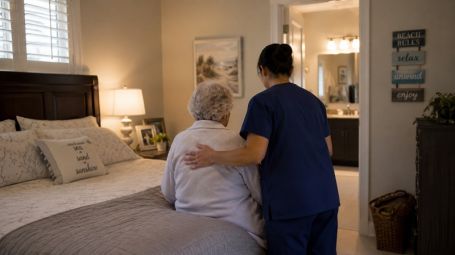 24-hour senior home care caregiver assisting elderly adult in bedroom overnight support
