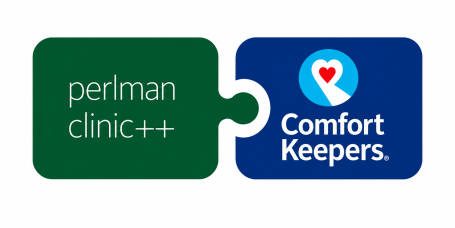 Perlman Clinic and Comfort Keepers logos joined as two interlocking puzzle pieces, representing their care partnership