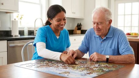 woman caregiver doing a puzzle with a senior