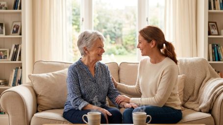 daughter having coffee with elderly mother