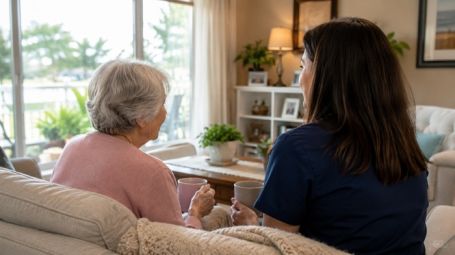 Senior receiving companion care at home, sharing conversation and emotional support indoors.