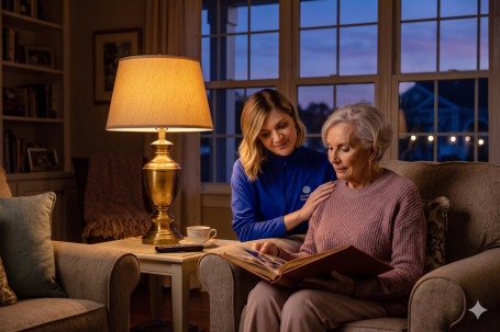 A caregiver sitting calmly with an older adult under warm lamplight in a Gloucester County home at dusk