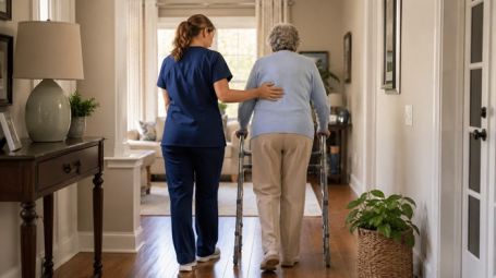 Senior receiving mobility assistance from caregiver walking safely through home hallway