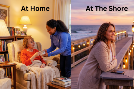 A Comfort Keepers caregiver bringing tea to an older woman at home while her daughter relaxes at the Jersey shore, illustrating respite care in Middlesex County, NJ