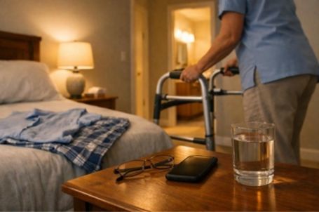 Evening safety routine with walker, water, glasses, and clear bedside path for home care services Jacksonville, FL