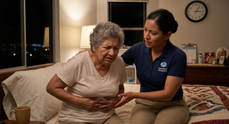 caregiver helping elderly person with stomach pain