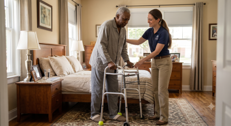 Caregiver helping elderly person walk