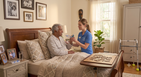 caregiver helping elderly person with asthma