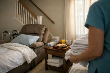 Morning respite care scene with a recliner used for sleeping, walker, towels, and breakfast tray in a quiet coastal home bedroom