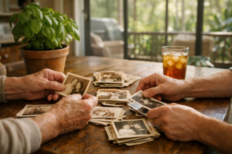 An older adult and companion sort family photographs together at a kitchen table during a quiet social visit at home.
