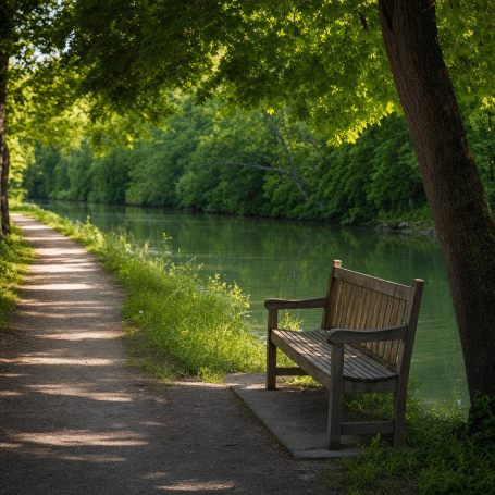 Empty wooden bench on the shaded Erie Canal towpath near Pittsford on a calm summer morning