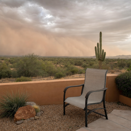 Empty patio chair on a Phoenix porch as a dust storm approaches over desert landscape
