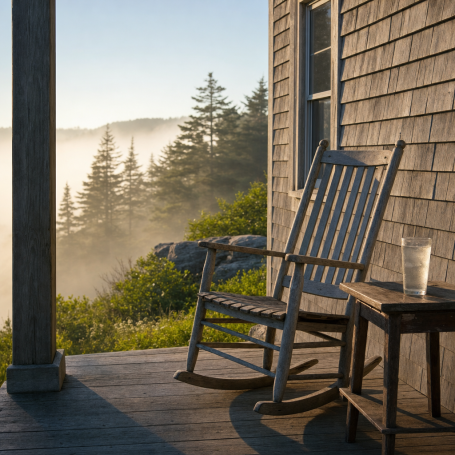 Empty rocking chair and glass of water on a southern Maine coastal cottage porch in summer light