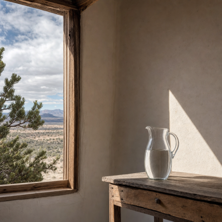 Glass water pitcher on a wooden table by an adobe wall in strong Santa Fe summer light