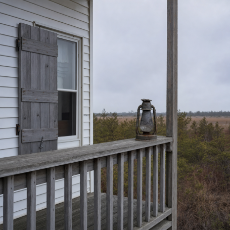 Coastal New Jersey porch with a half-closed storm shutter and hurricane lantern under grey pre-storm sky