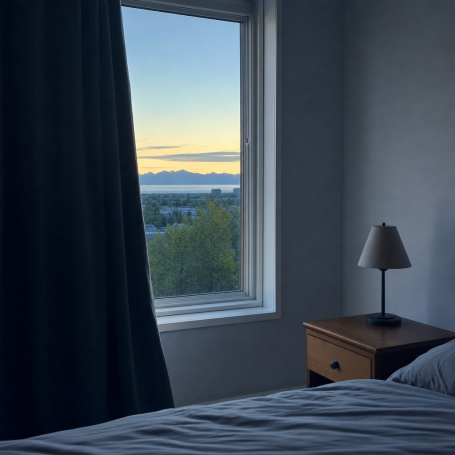 Anchorage bedroom window at midnight in summer with blackout curtain half drawn against a glowing sky