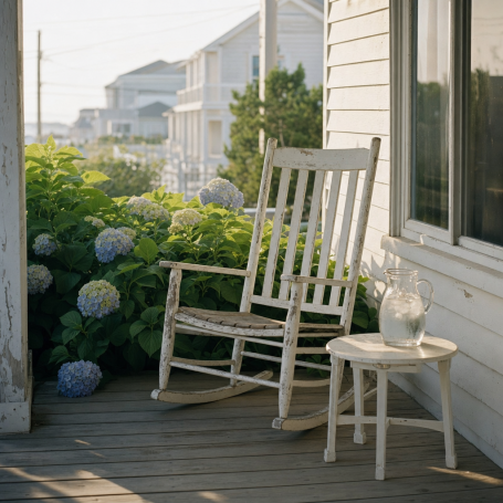 Empty porch rocking chair beside a sweating pitcher of ice water on a humid South Jersey summer afternoon.