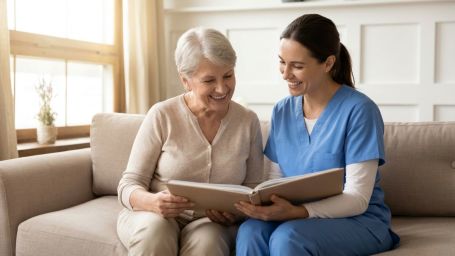 in-home care companion looking at a photo album with a senior woman