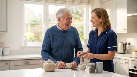 senior male with female in home caretaker enjoying tea in the kitchen