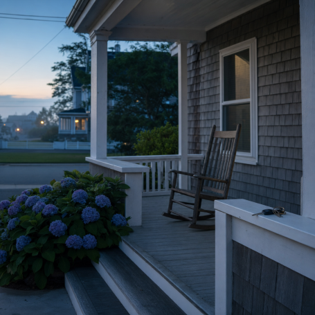 Weathered shore-town porch at early morning with rocking chair and car keys on the rail
